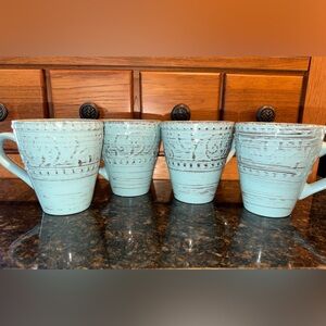 Four Elama Malibu Waves Turquoise Ceramic Coffee Mugs Set